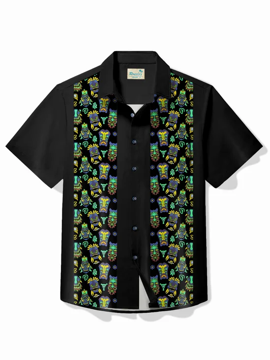 Royaura® Vintage Bowling Tiki Print Chest Pocket Shirt Plus Size Men's Shirt