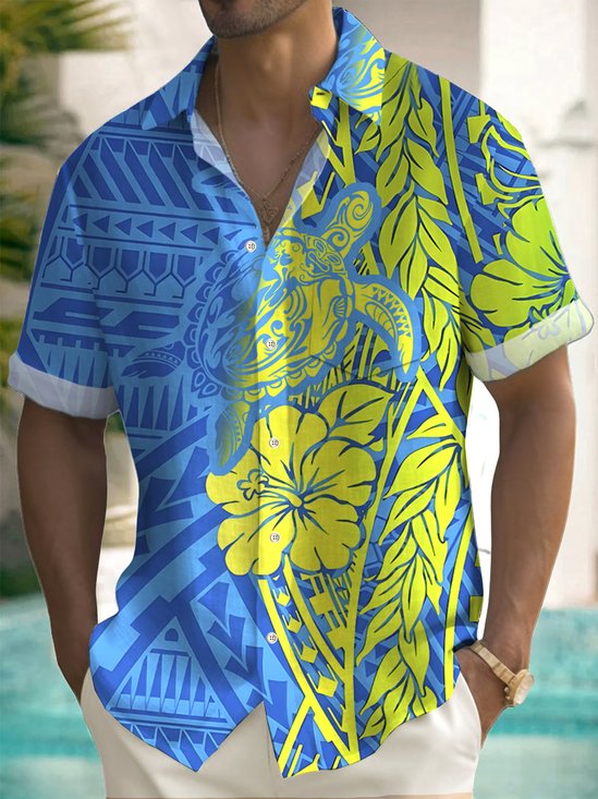 Royaura® Hawaii Hawksbill Turtle Print Men's Button Pocket Short Sleeve Shirt