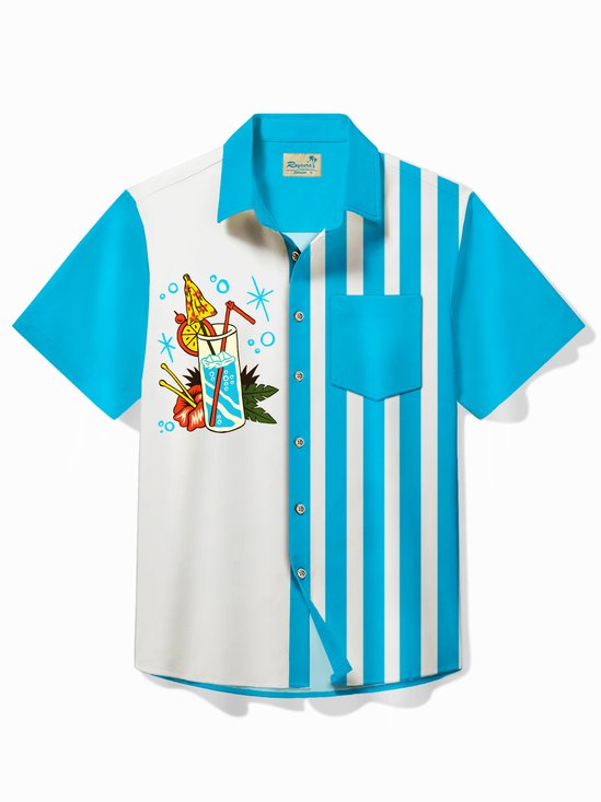 Royaura® Vintage Cocktail Blue Bowling Shirt Striped Cartoon Camping Pocket Shirt Big Tall