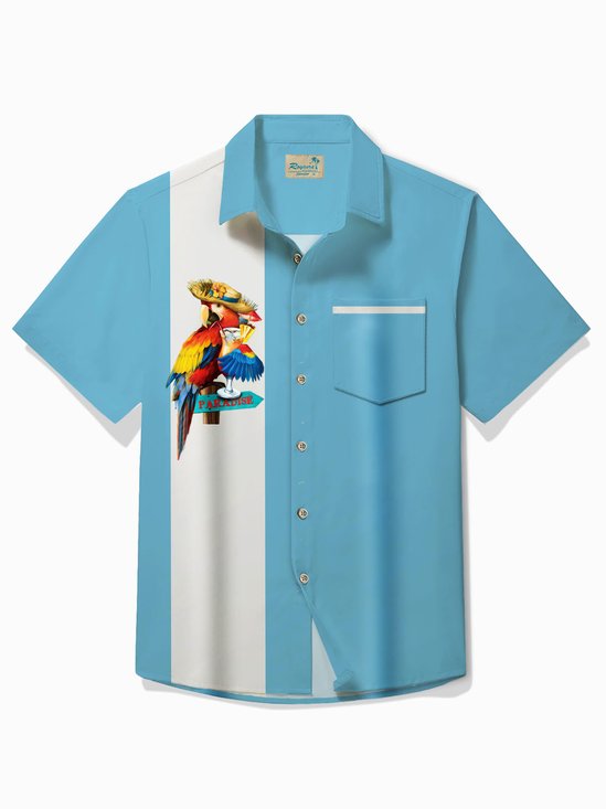 Royaura®Hawaiian Parrot Cocktail Print Men's Button Pocket Short Sleeve Shirt