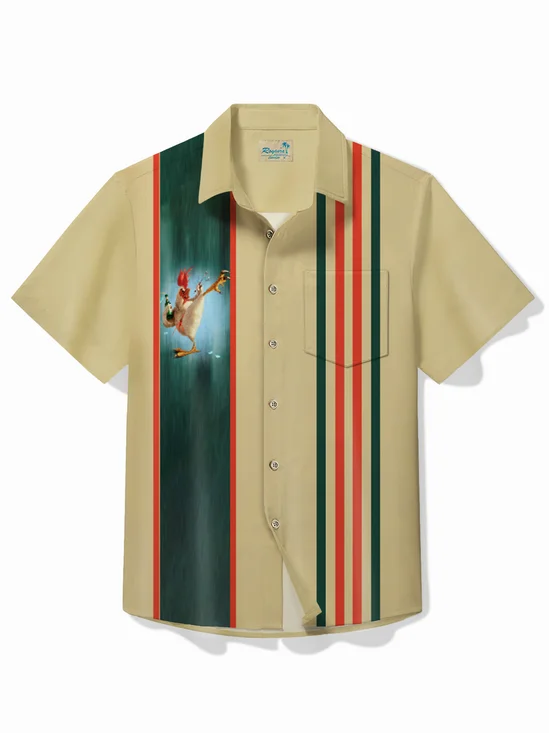 Royaura® 60's Vintage Kung Fu Rooster Men's Hawaiian Shirt Stretch Pocket Camp Shirt Big Tall