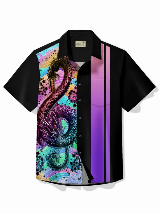 Royaura® Vintage Men's Bowling Note Purple Dragon Print Shirt Stretch Pocket Camping Shirt Big Tall