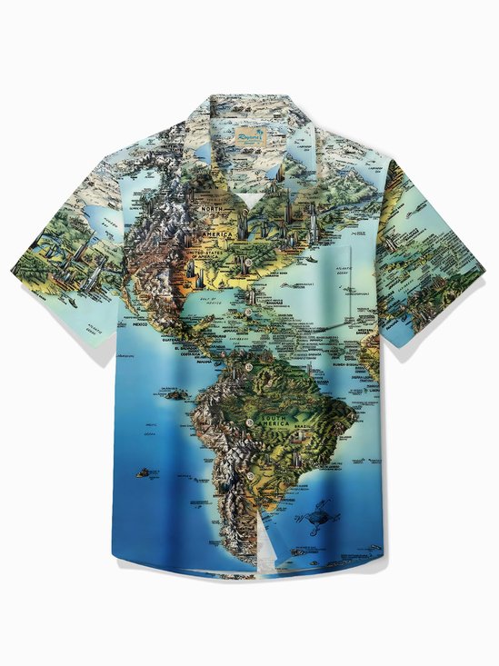 Royaura®Hawaii Map Print Men's Button Pocket Short Sleeve Shirt