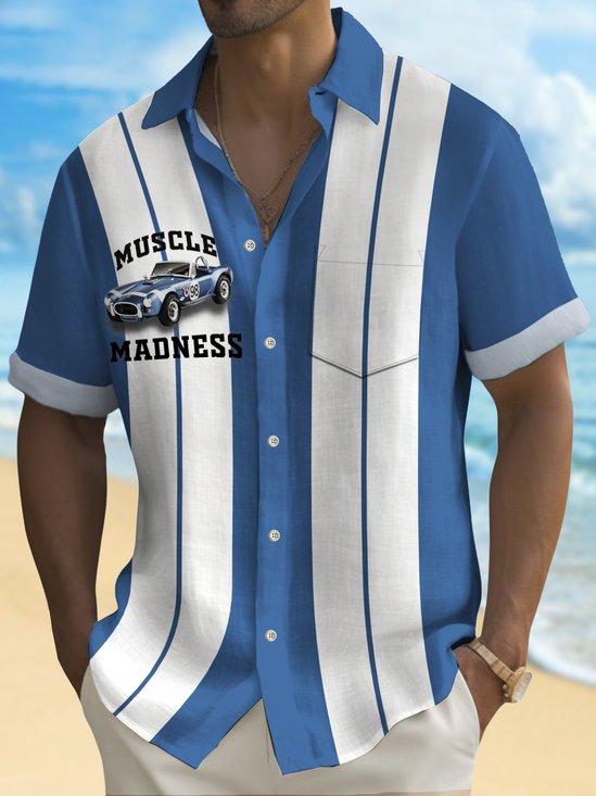 Royaura® Men's Hawaiian Shirt Vintage Bowling Car Shelby Cobra Print Stretch Easy Care Pocket Camping Shirt