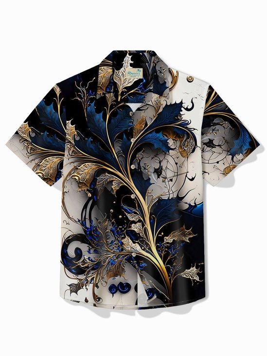 Royaura®Hawaiian Gilt Art Floral Print Men's Button Pocket Short Sleeve Shirt