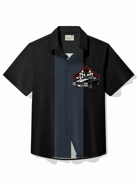 Royaura® Men's Hawaiian Shirt Vintage Bowling Chevelle Car USA Made Garage Art Print Pocket Camping