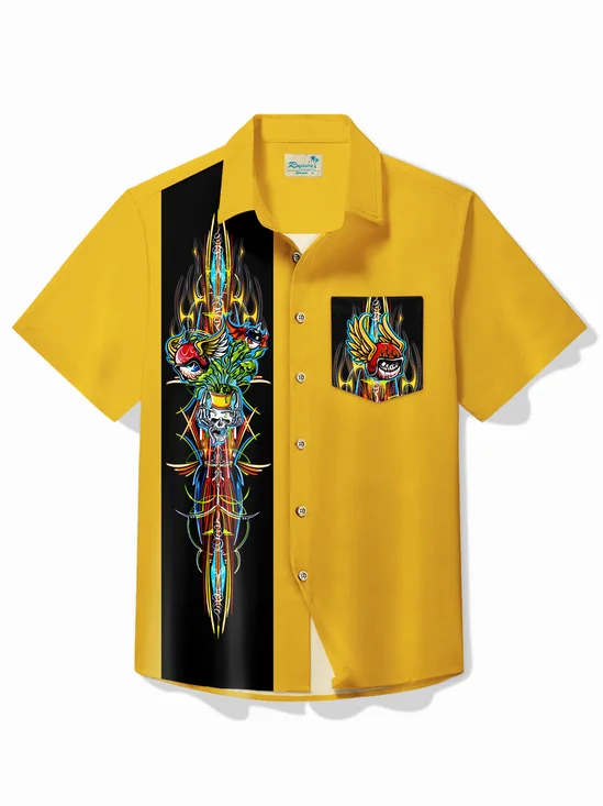 Royaura® Vintage Pinstripe Flying Eyeball Skull Bowling Print Chest Pocket Shirt Large Size Men's Shirt