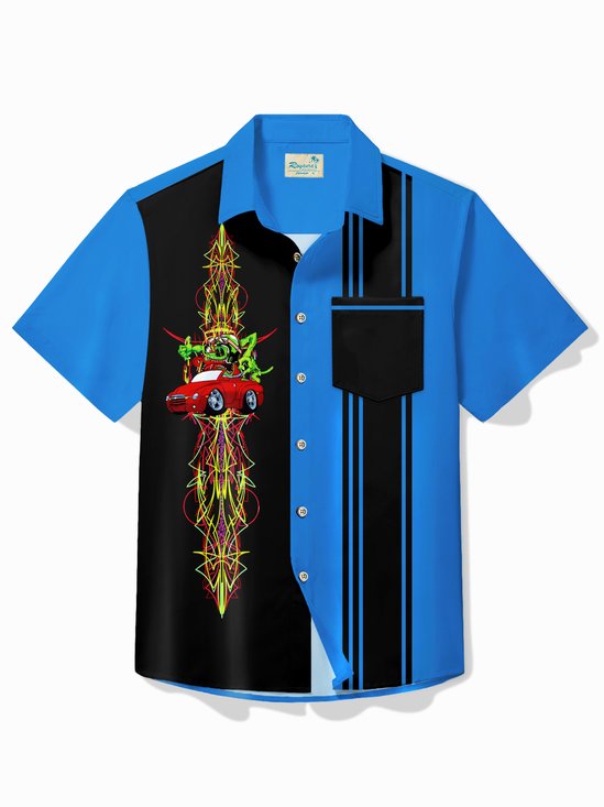 Royaura® Vintage Pinstripe Car Panel Bowling Printed Chest Pocket Shirt Large Size Men's Shirt