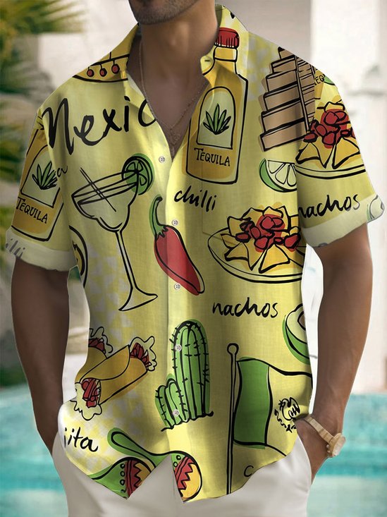 Royaura®Mexican Cocktail Cinco de Mayo Chili Print Men's Pocket Short Sleeve Shirt