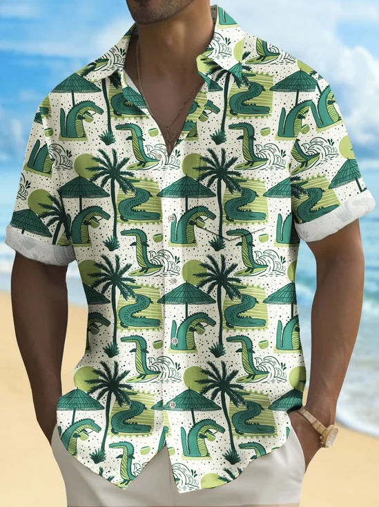 Royaura®  Holiday National Alligator Awareness Day Alligator Coconut Tree Print Men's Shirt Easy Care Camping Pocket Shirt Big Tall