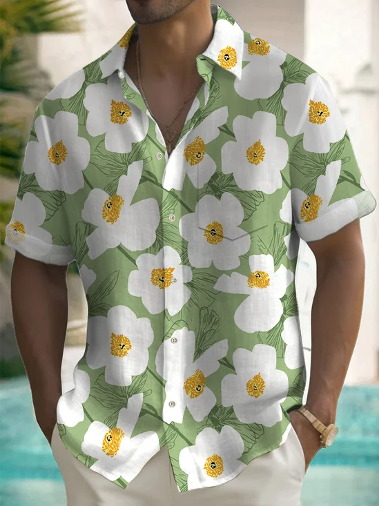 Royaura®Hawaiian Botanical Pua Kala Print Men's Button Pocket Short Sleeve Shirt
