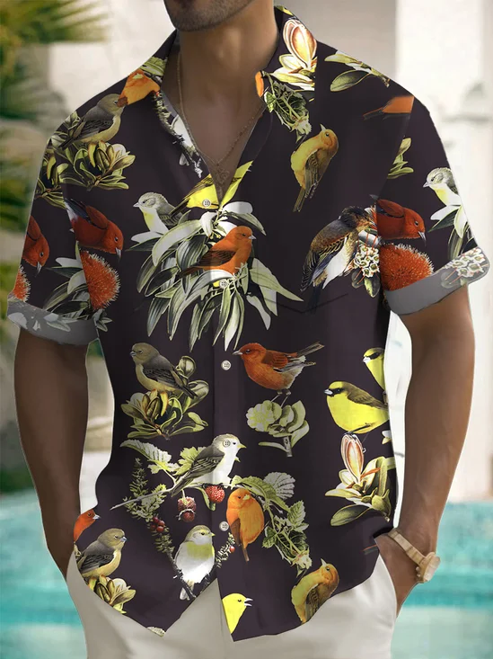 Royaura® Hawaiian Honeycreeper Print Men's Button Pocket Short Sleeve Shirt