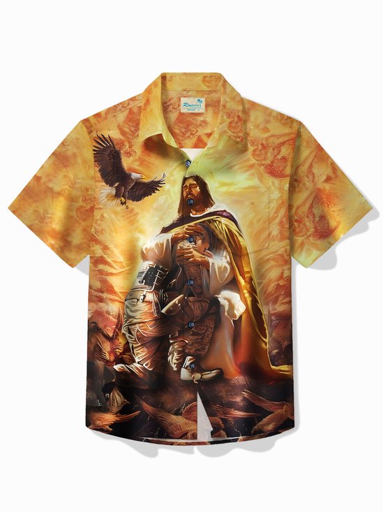 Royaura® Holiday Memorial Day Soldier Jesus Print Men's Shirt Easy Care Camping Pocket Shirt Big Tall