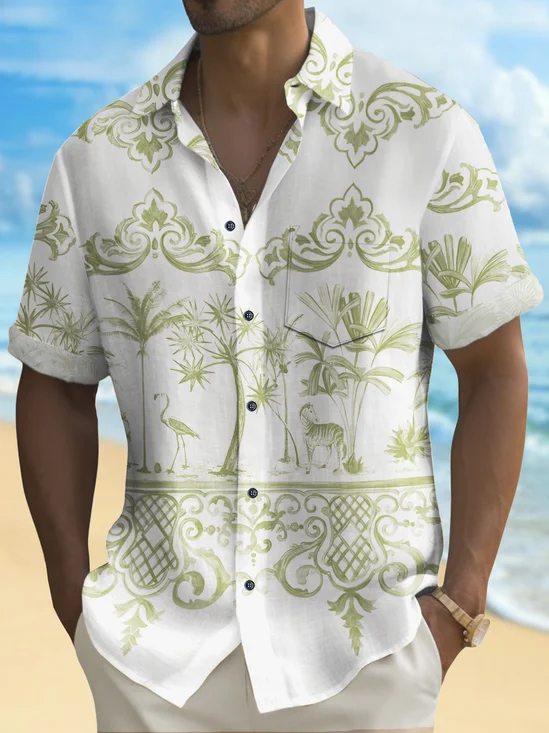 Royaura® Vintage Palm Tree Print Chest Pocket Shirt Plus Size Men's Shirt