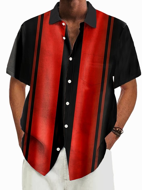 Royaura®Retro Bowling Stripe Contrast Print Men's Button Pocket Short Sleeve Shirt