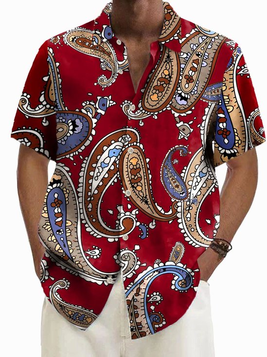Royaura®Hawaiian Cashew Flower Print Men's Button Pocket Short Sleeve Shirt