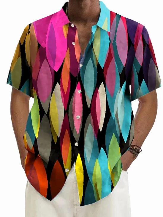 Royaura®Men's Retro Geometric Color Block Print Button Pocket Short Sleeve Shirt