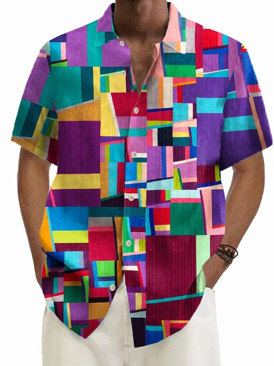 Royaura®Hawaiian Color Block Print Men's Button Pocket Short Sleeve Shirt