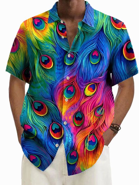 Royaura®Hawaiian Peacock Feather Print Men's Button Pocket Short Sleeve Shirt
