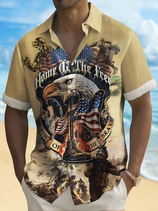 Royaura® Holiday Memorial Day Men's Eagle American Flag Print Shirt Easy Care Camping Pocket Shirt Big Tall