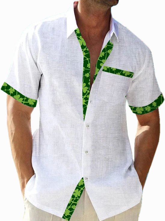 Royaura®Hawaiian Plant Leaves Contrast Print Men's Button Pocket Short Sleeve Shirt