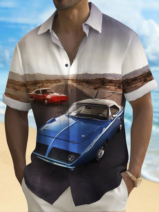 Royaura® Vintage Classic Car Print Chest Pocket Shirt Plus Size Men's Shirt