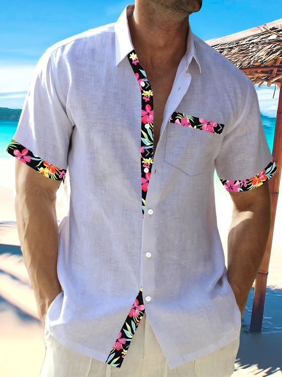 Royaura®Hawaiian Floral Contrast Print Men's Button Pocket Short Sleeve Shirt