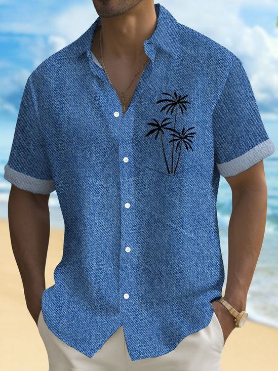 Royaura®Denim Textured Coconut Tree Print Men's Button Pocket Short Sleeve Shirt