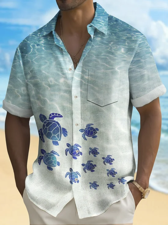Royaura® Beach Vacation Men's Hawaiian Shirt Turtle Print Quick Dry Pocket Camping Shirt Big Tall