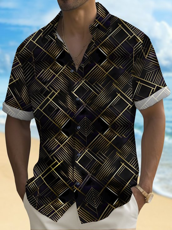 Royaura® Vintage Black Gold Geometric Line Art Print Chest Pocket Shirt Large Size Men's Shirt