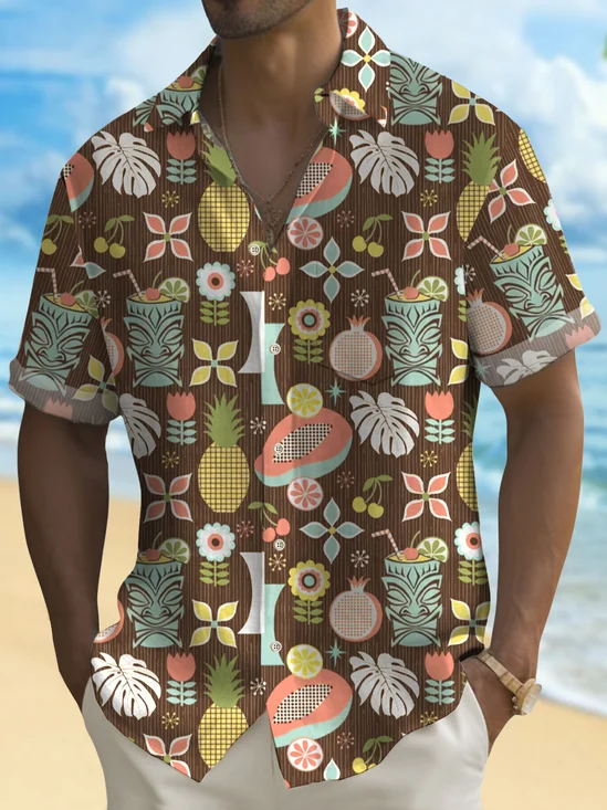 Royaura® Hawaiian Tiki Cocktail Flower Print Men's Button Pocket Short Sleeve Shirt