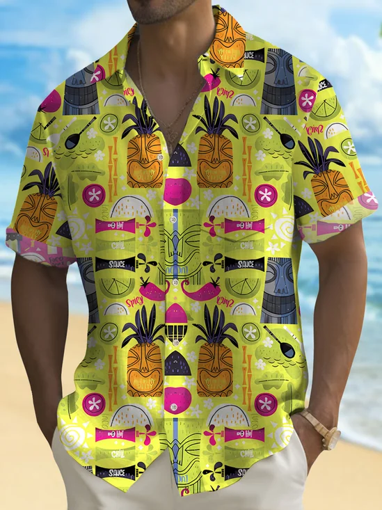 Royaura® Hawaii Tiki Fruit Drink Print Men's Button Pocket Short Sleeve Shirt