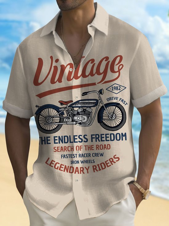 Royaura®Retro Motorcycle Print Men's Button Pocket Short Sleeve Shirt
