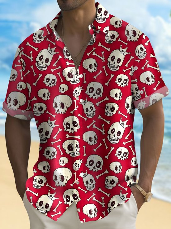 Royaura®Music Rock Skull Print Men's Button Pocket Short Sleeve Shirt