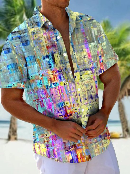 Royaura®Hawaii Gradient Fluorescent Contrast Color Splicing Print Men's Button Pocket Short Sleeve Shirt