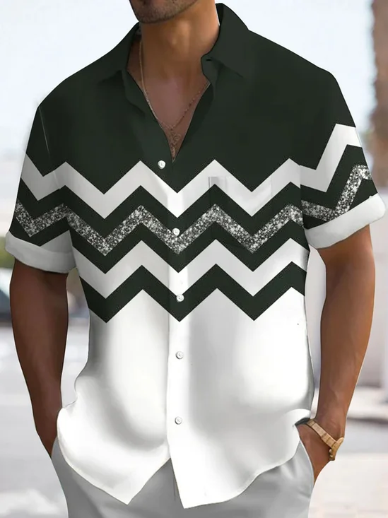 Royaura®Retro Geometric Wave Print Men's Button Pocket Short Sleeve Shirt