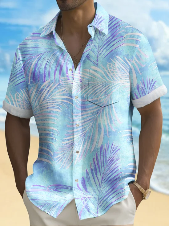 Royaura® Beach Vacation Men's Hawaiian Shirt Gradient Botanical Print Stretch Pocket Camping Shirt Big Tall