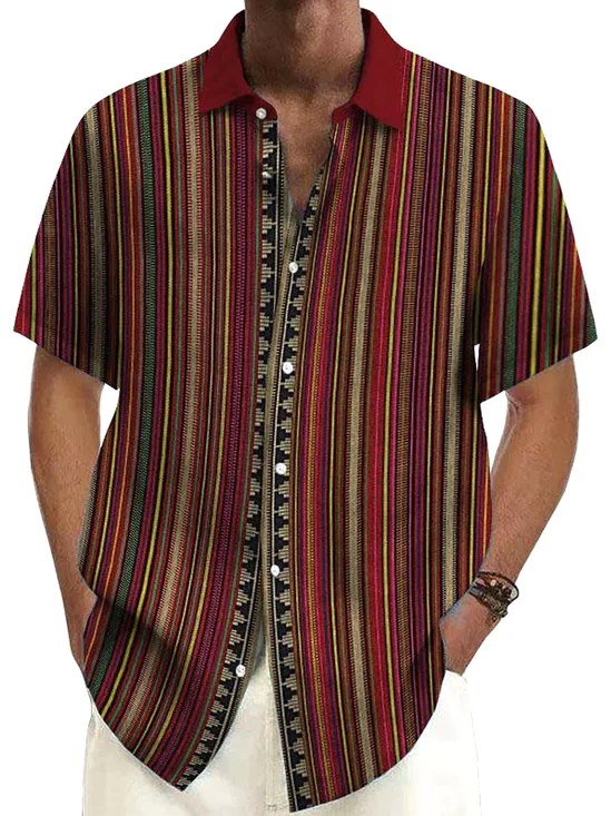 Royaura®Vintage Striped Print Men's Button Pocket Short Sleeve Shirt