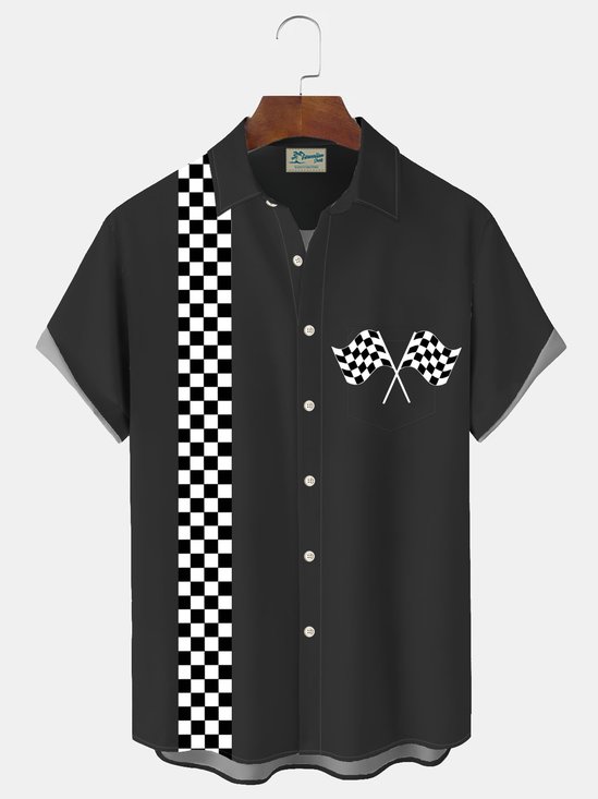 Royaura®Racing Checkerboard Print Men's Button Pocket Short Sleeve Shirt