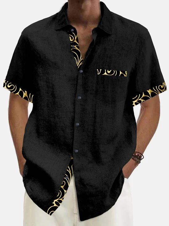 Royaura® Basic Men's Hawaiian Shirt Gold Pattern Print Stretch Pocket Camping Shirt