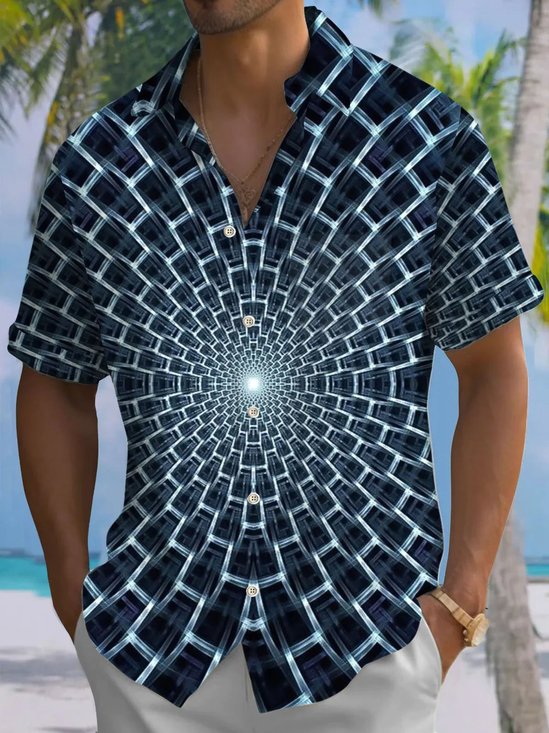 Royaura®Retro 3D Geometric Print Men's Button Pocket Short Sleeve Shirt