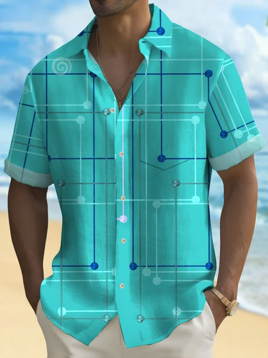 Royaura®Hawaiian Geometric Print Men's Button Pocket Short Sleeve Shirt