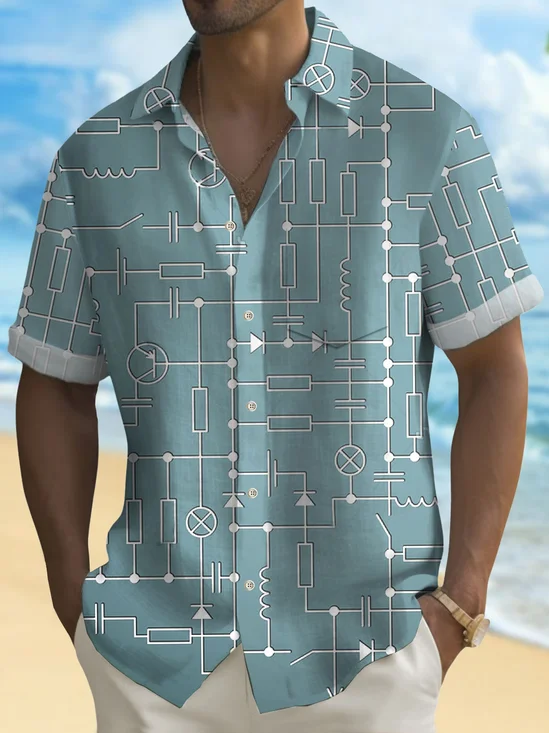 Royaura®Circuit Diagram Geometric Print Men's Button Pocket Short Sleeve Shirt