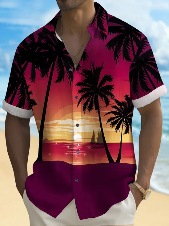 Royaura® Beach Vacation Men's Hawaiian Shirt Sunset Coconut Tree Print Stretch Pocket Camping Shirt Big Tall
