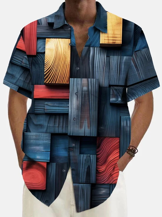 Royaura® Vintage Geometric Wood Print Chest Pocket Shirt Plus Size Men's Shirt