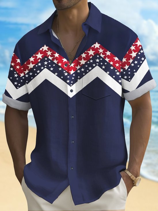 Royaura® Vintage Geometric Wave Pentagram Print Chest Pocket Shirt Plus Size Men's Shirt