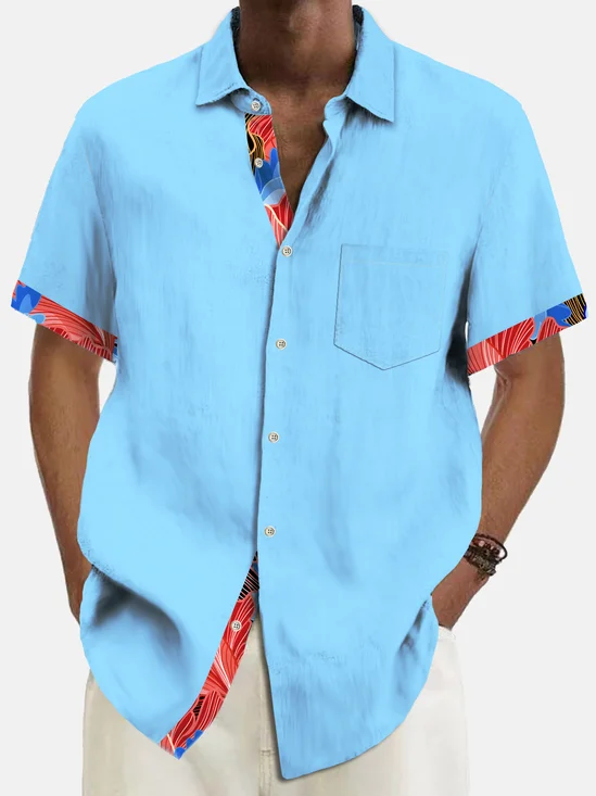 Royaura® Basic Men's Hawaiian Shirt Blue Floral Line Print Stretch Pocket Camping Shirt