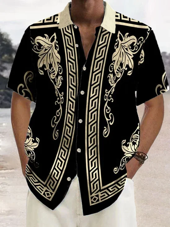Royaura®Retro Geometric Gold Floral Print Men's Button Pocket Short Sleeve Shirt
