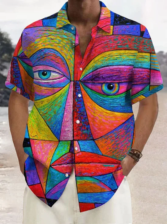 Royaura®Retro Art Abstract Face Print Men's Button Pocket Short Sleeve Shirt