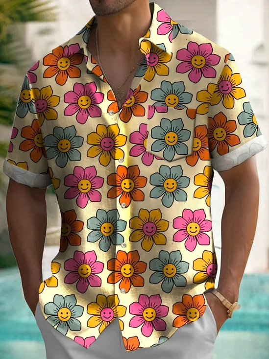 Royaura®Hawaiian Sunflower Art Smiley Print Men's Button Pocket Short Sleeve Shirt